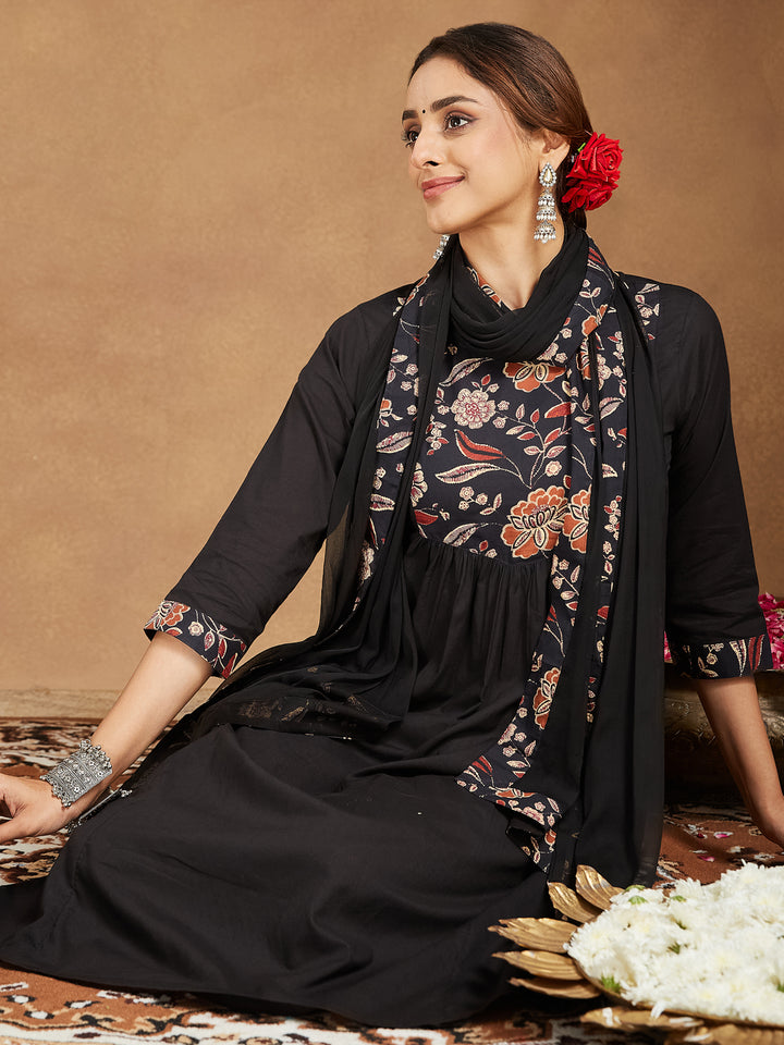 Black Cotton A-Line Floral Printed 3-Piece Kurta Set