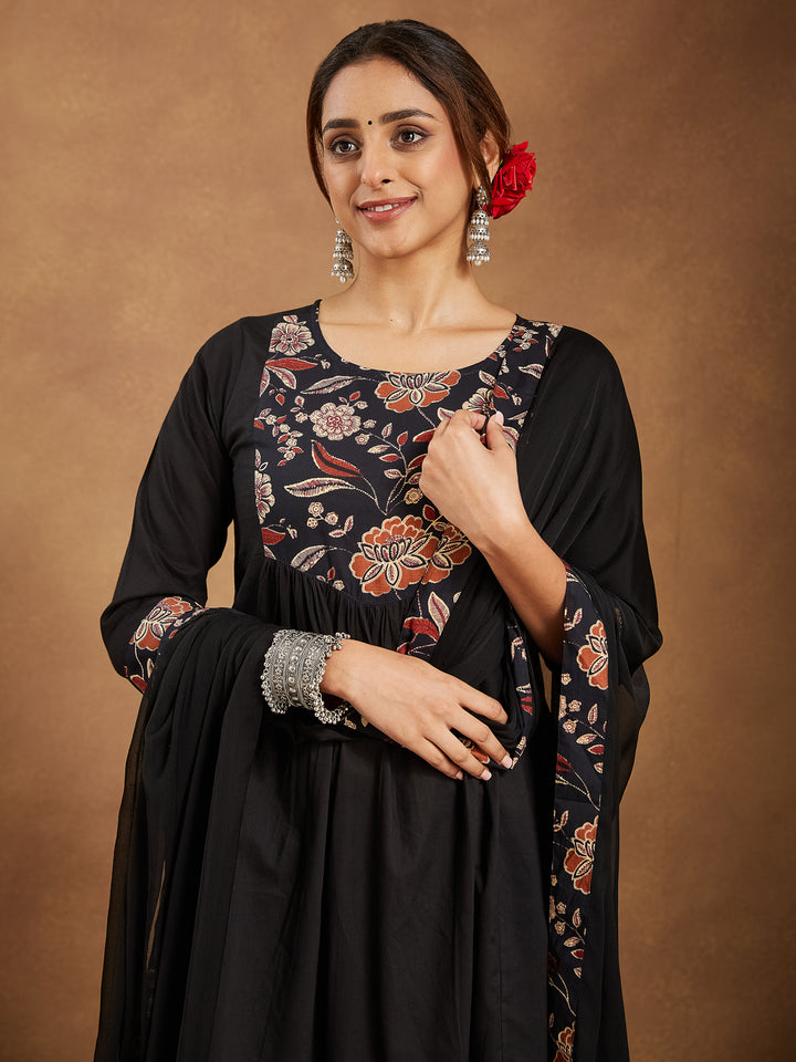 Black Cotton A-Line Floral Printed 3-Piece Kurta Set