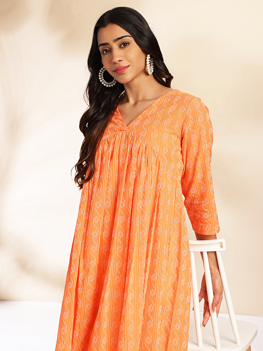 ZERESOUQ-Orange-Cotton-Woven-Design-V-Neck-Kurta