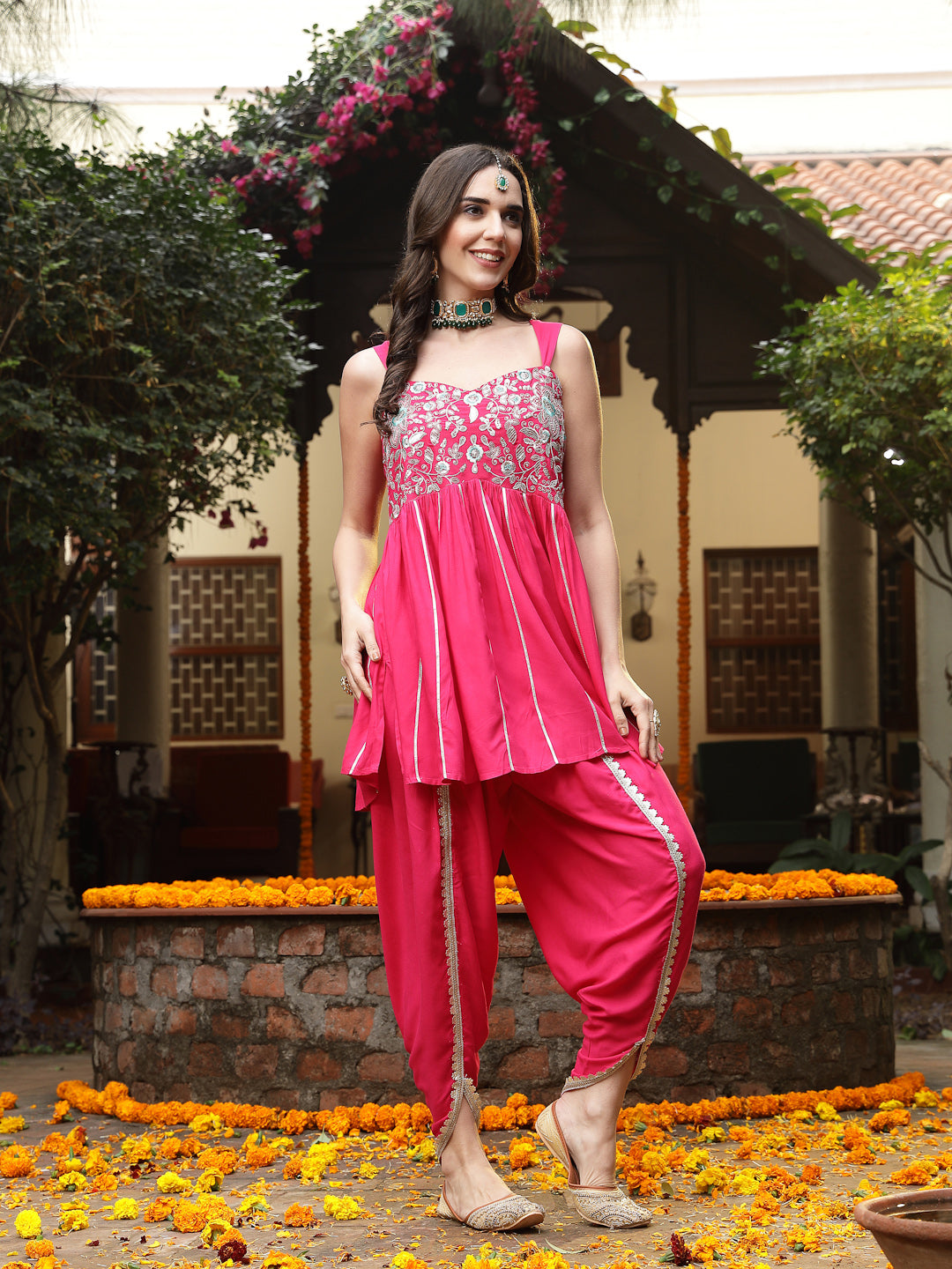 Pink-Rayon-Solid-&-Embroidered-A-Line-Kurti-Dhoti-Pant-Set