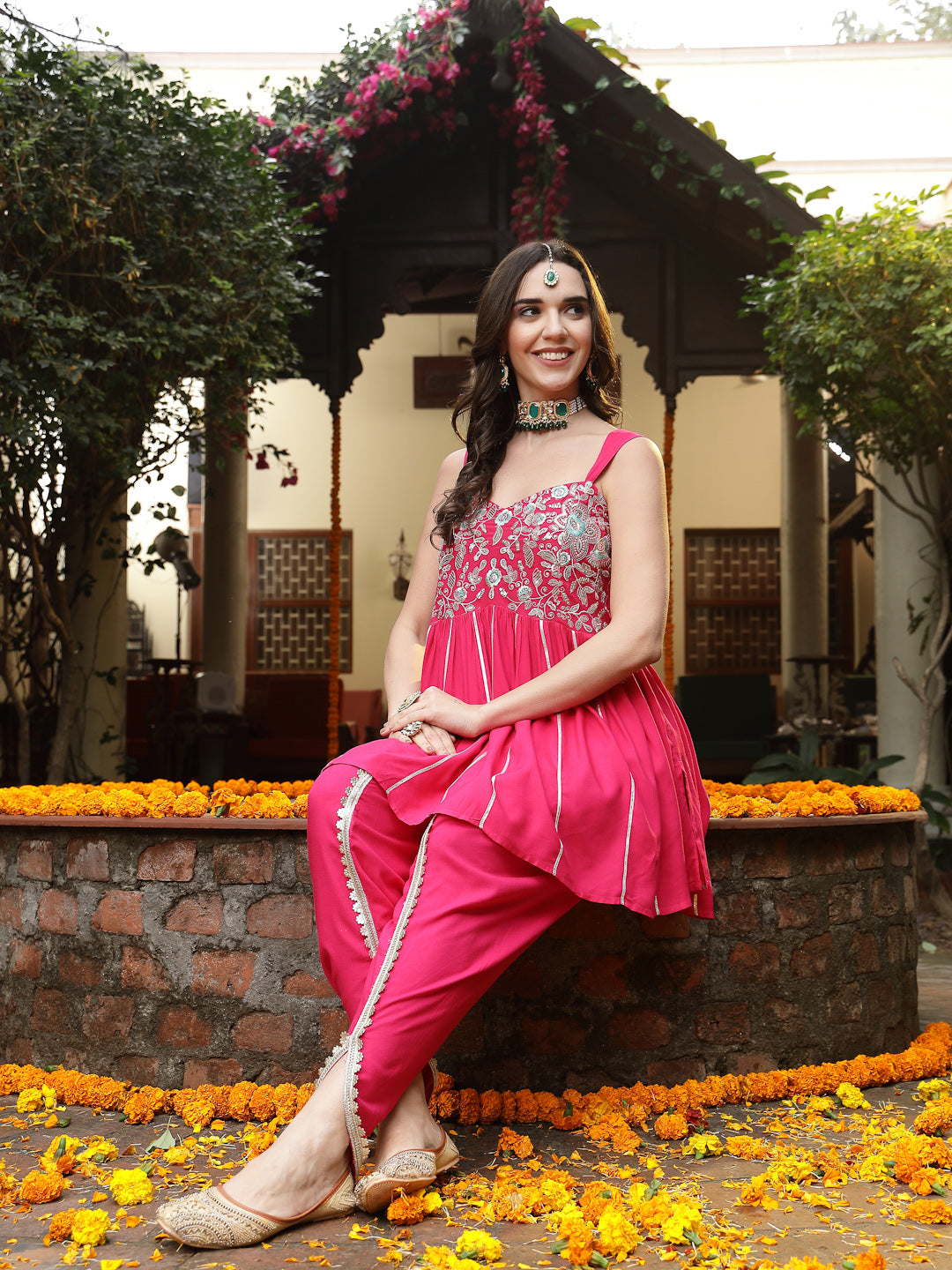 Pink-Rayon-Solid-&-Embroidered-A-Line-Kurti-Dhoti-Pant-Set