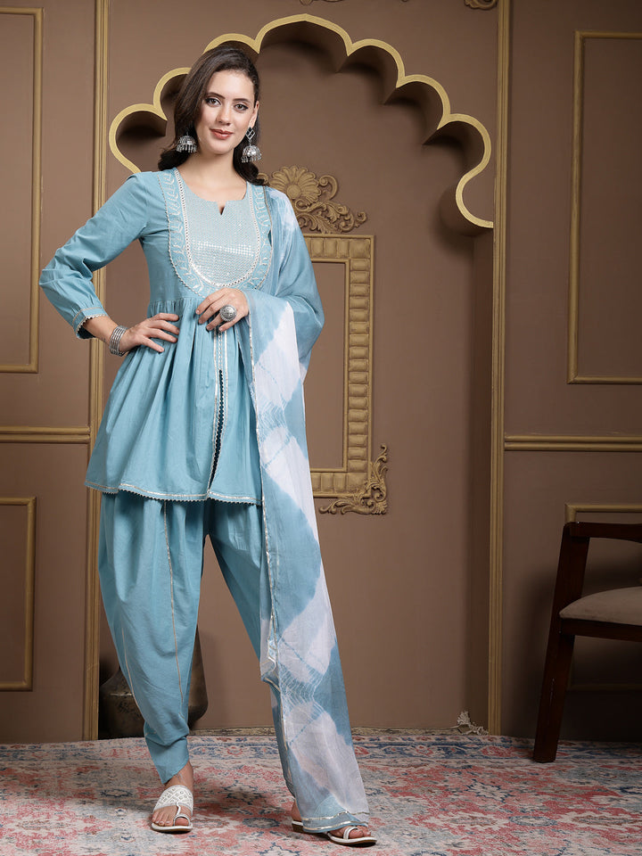 Blue-Cotton-&-Embroidered-Pleated-3-Piece-Kurta-Set