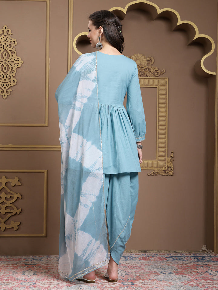 Blue-Cotton-&-Embroidered-Pleated-3-Piece-Kurta-Set