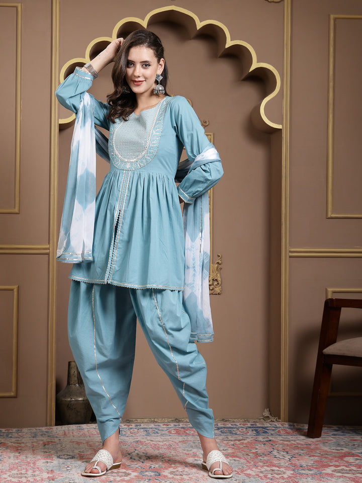 Blue-Cotton-&-Embroidered-Pleated-3-Piece-Kurta-Set