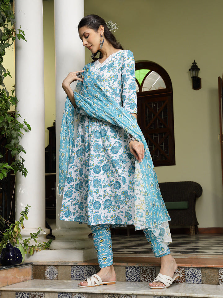 Turquoise-Blue-Cotton-Floral-Printed-A-Line-3-Piece-Kurta-Set