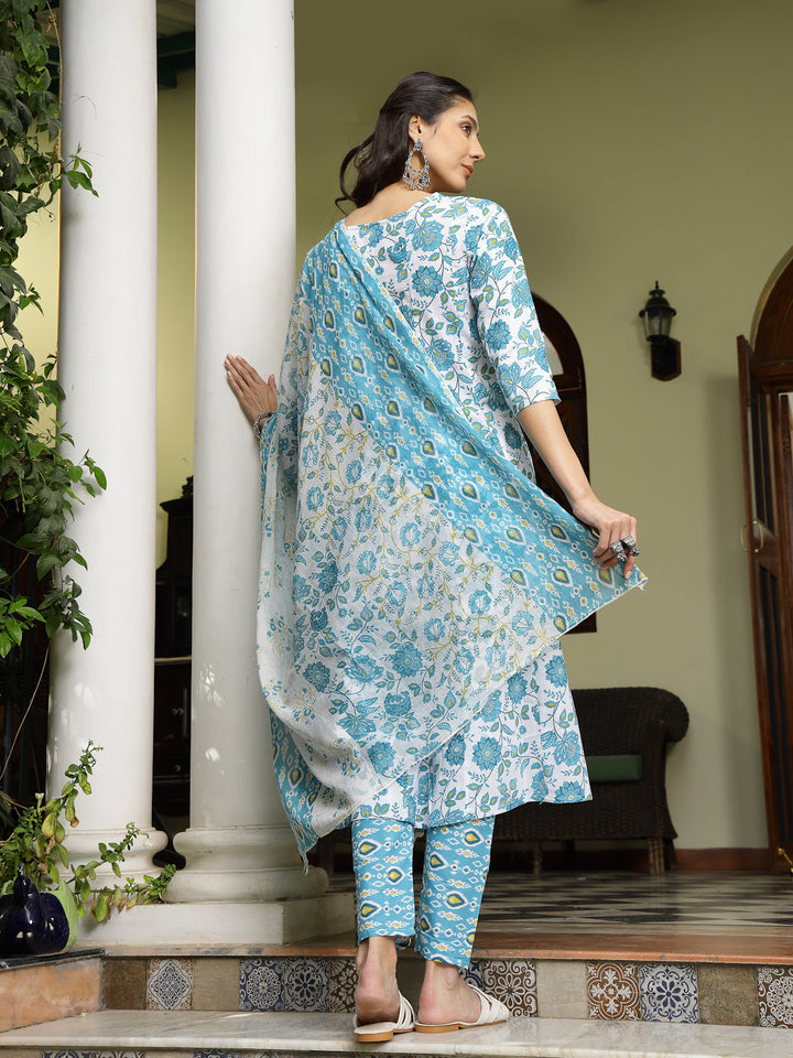 Turquoise-Blue-Cotton-Floral-Printed-A-Line-3-Piece-Kurta-Set