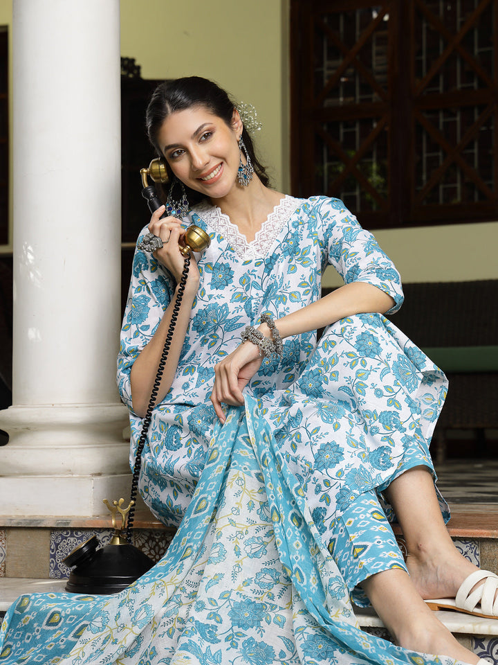 Turquoise-Blue-Cotton-Floral-Printed-A-Line-3-Piece-Kurta-Set