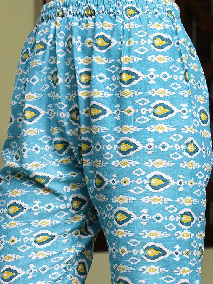 Turquoise-Blue-Cotton-Floral-Printed-A-Line-3-Piece-Kurta-Set