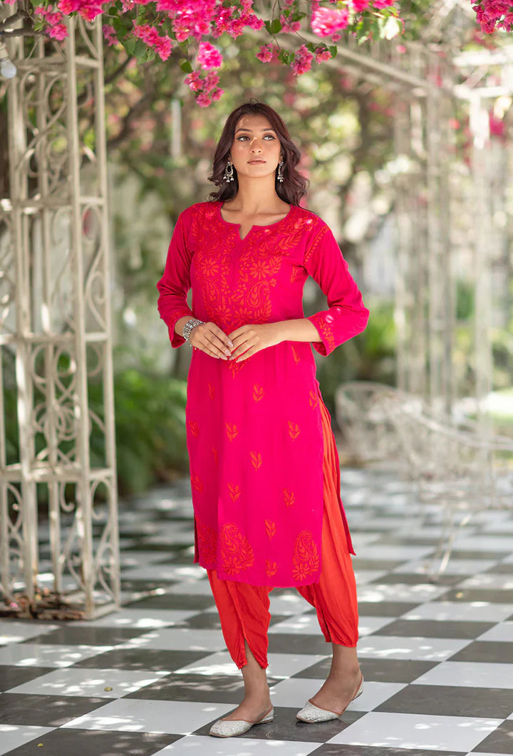 ZERESOUQ-Laal-Gulabi-Pink-Rayon-Three-Fourth-Sleeves-Dhoti-set