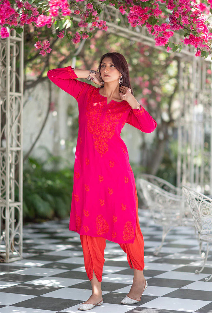 ZERESOUQ-Laal-Gulabi-Pink-Rayon-Three-Fourth-Sleeves-Dhoti-set
