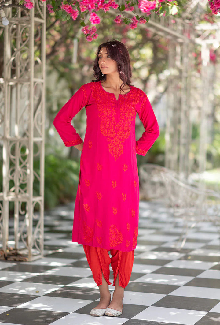 ZERESOUQ-Laal-Gulabi-Pink-Rayon-Three-Fourth-Sleeves-Dhoti-set