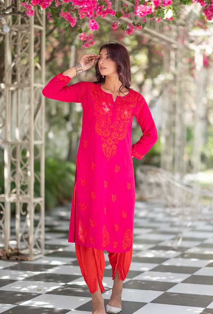 ZERESOUQ-Laal-Gulabi-Pink-Rayon-Three-Fourth-Sleeves-Dhoti-set
