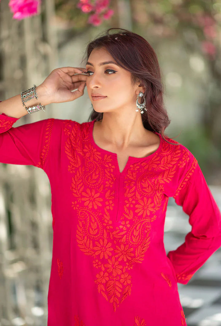 ZERESOUQ-Laal-Gulabi-Pink-Rayon-Three-Fourth-Sleeves-Dhoti-set