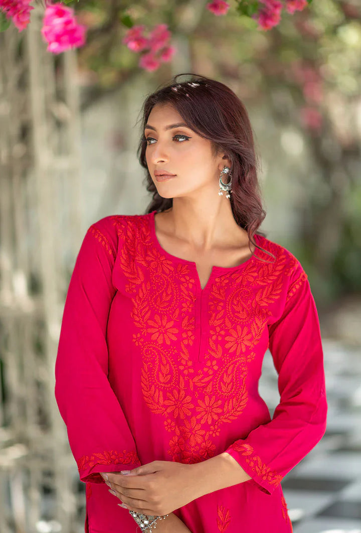 ZERESOUQ-Laal-Gulabi-Pink-Rayon-Three-Fourth-Sleeves-Dhoti-set
