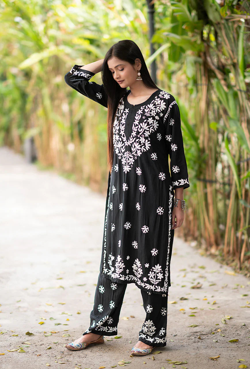 ZERESOUQ-Laira-Black-Rayon-Three-Fourth-Sleeves-2-Piece-Kurta-Set