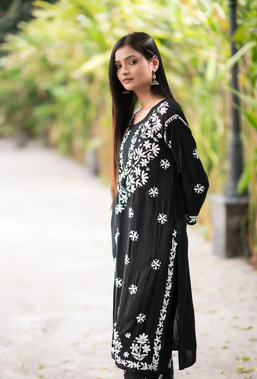 ZERESOUQ-Laira-Black-Rayon-Three-Fourth-Sleeves-2-Piece-Kurta-Set