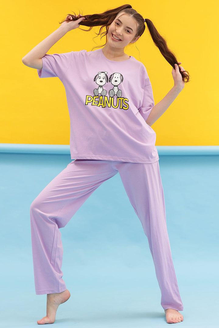 Lavender-Cotton-Printed-Oversized-Tee-&-Pyjama-Set