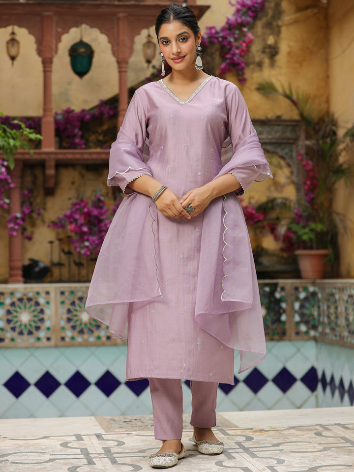 Lavender Chinon Embellished Kurta Set