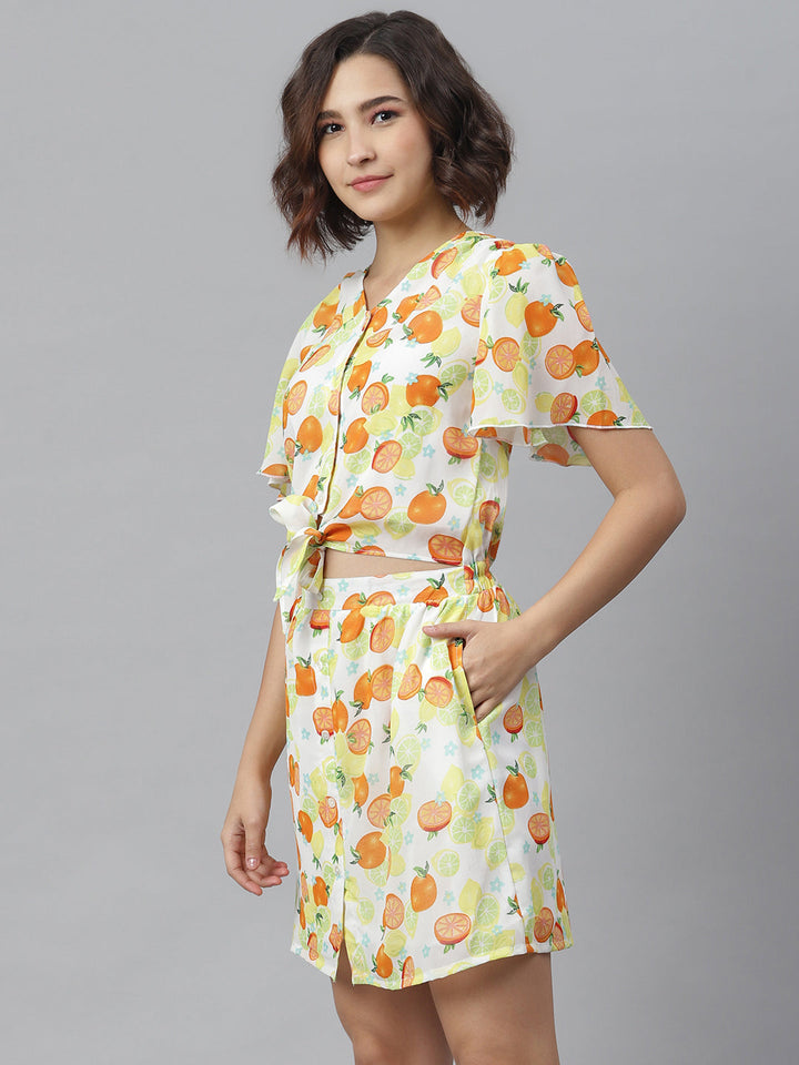 Lemon-Orange-Polyester-Printedtie-Knot-Top-&-Attached-Skirt