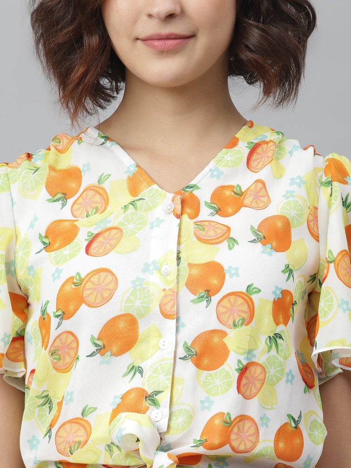 Lemon-Orange-Polyester-Printedtie-Knot-Top-&-Attached-Skirt