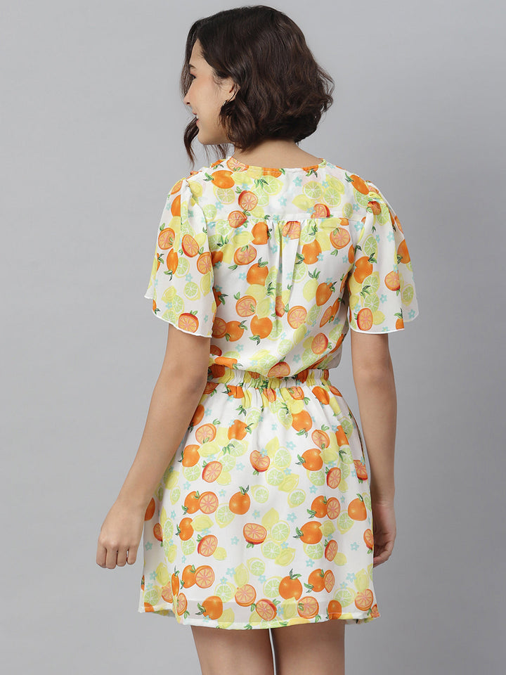 Lemon-Orange-Polyester-Printedtie-Knot-Top-&-Attached-Skirt