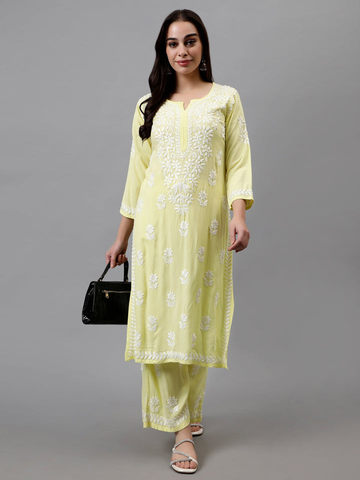 Lemon-Yellow-Rayon-Embroidered-Chikankari-Kurta-&-Palazzo-Set