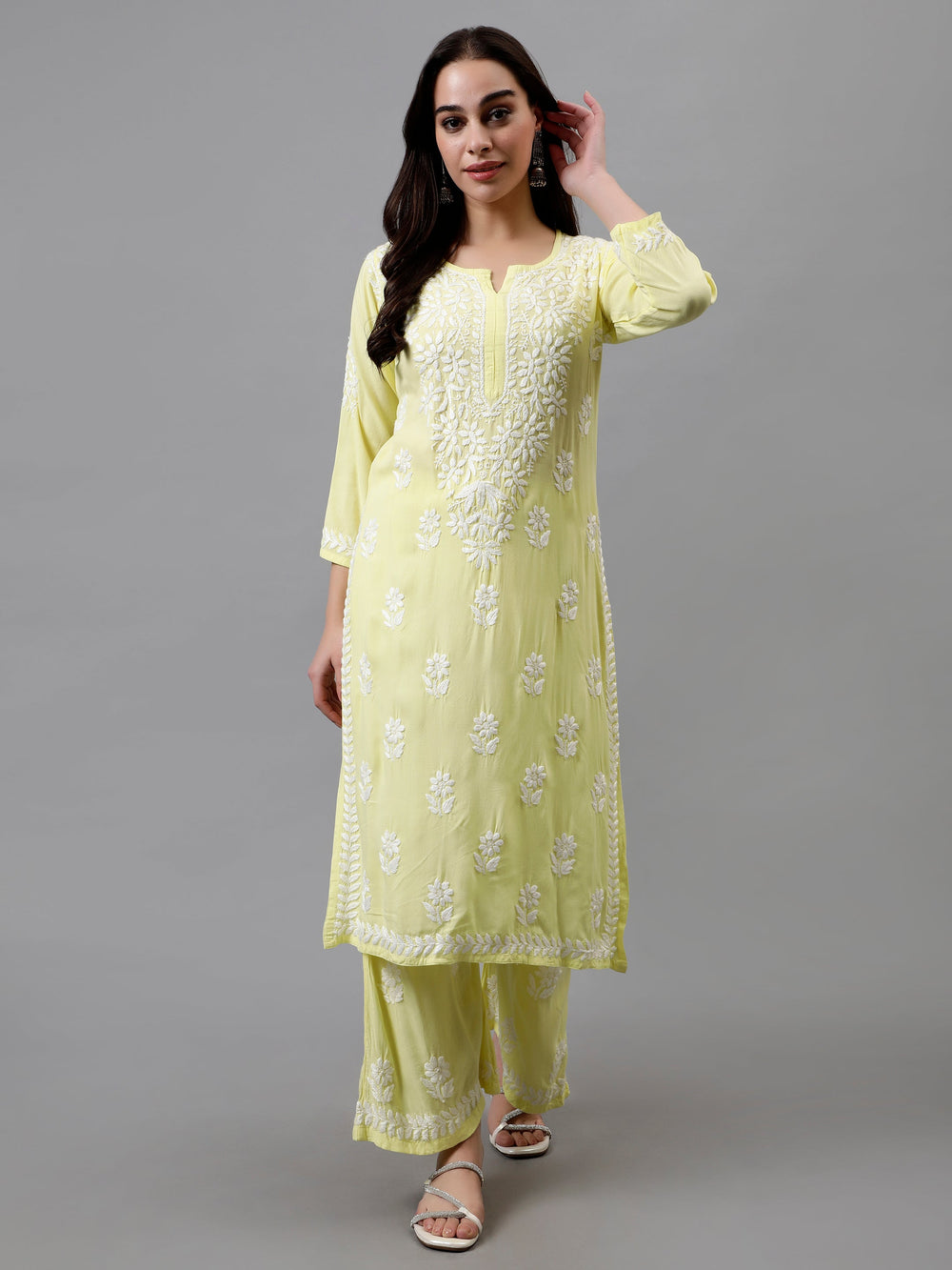 Lemon-Yellow-Rayon-Embroidered-Chikankari-Kurta-&-Palazzo-Set