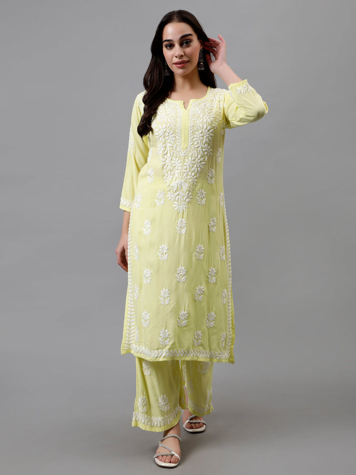 Lemon-Yellow-Rayon-Embroidered-Chikankari-Kurta-&-Palazzo-Set