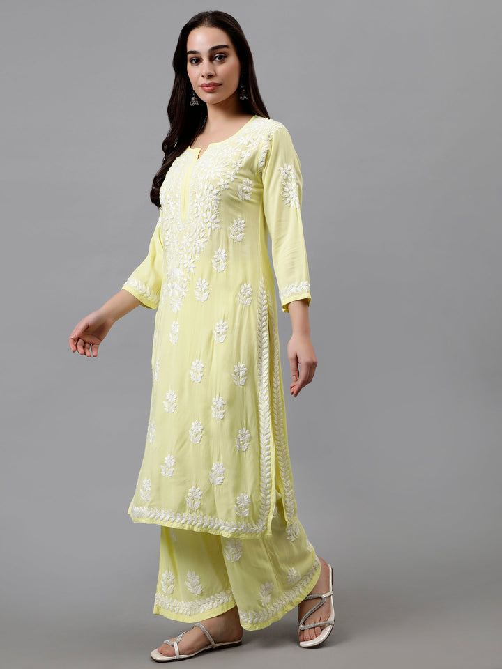 Lemon-Yellow-Rayon-Embroidered-Chikankari-Kurta-&-Palazzo-Set