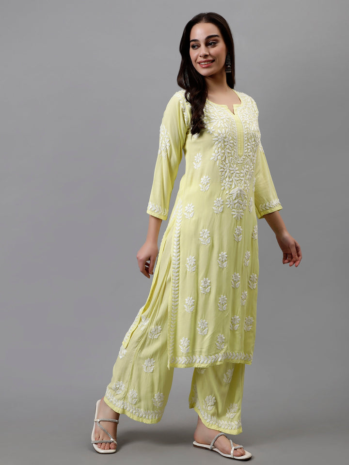 Lemon-Yellow-Rayon-Embroidered-Chikankari-Kurta-&-Palazzo-Set