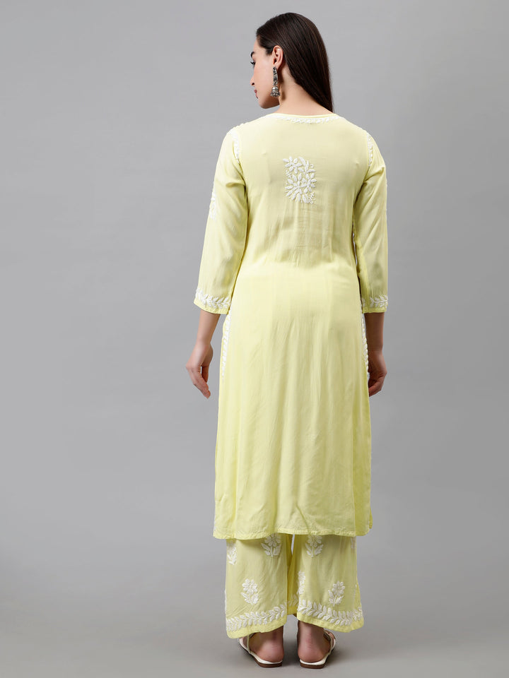 Lemon-Yellow-Rayon-Embroidered-Chikankari-Kurta-&-Palazzo-Set
