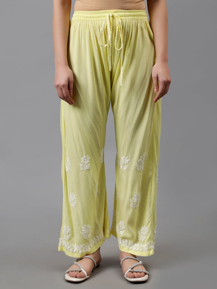 Lemon-Yellow-Rayon-Embroidered-Chikankari-Kurta-&-Palazzo-Set