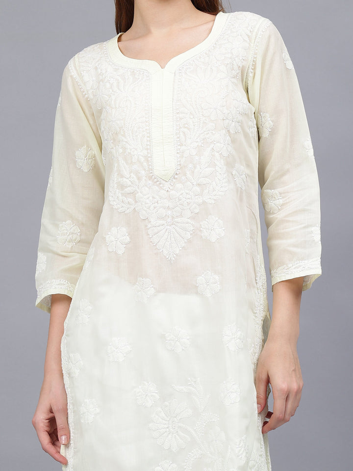 Lemon-Yellow-&-White-Cotton-Embroidered-Chikankari-Kurti