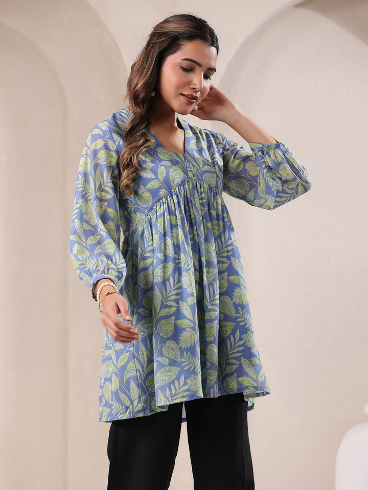 Light Blue Georgette All-Over Tropical A-Line Tunic Only