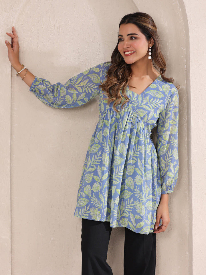 Light Blue Georgette All-Over Tropical A-Line Tunic Only