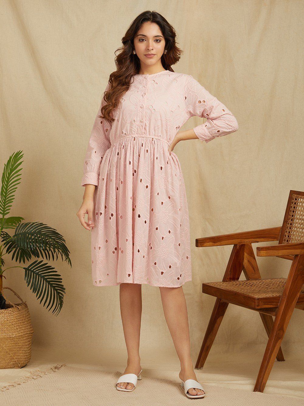 Light-Pink-100%-Cotton-Embroidered-Schiffli-Shirt-Dress