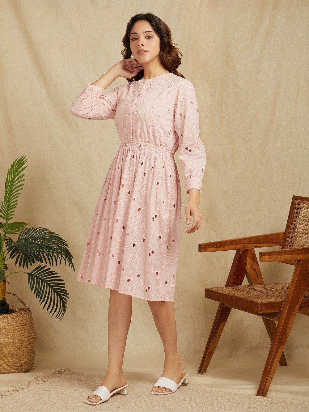 Light Pink 100% Cotton Embroidered Schiffli Shirt Dress