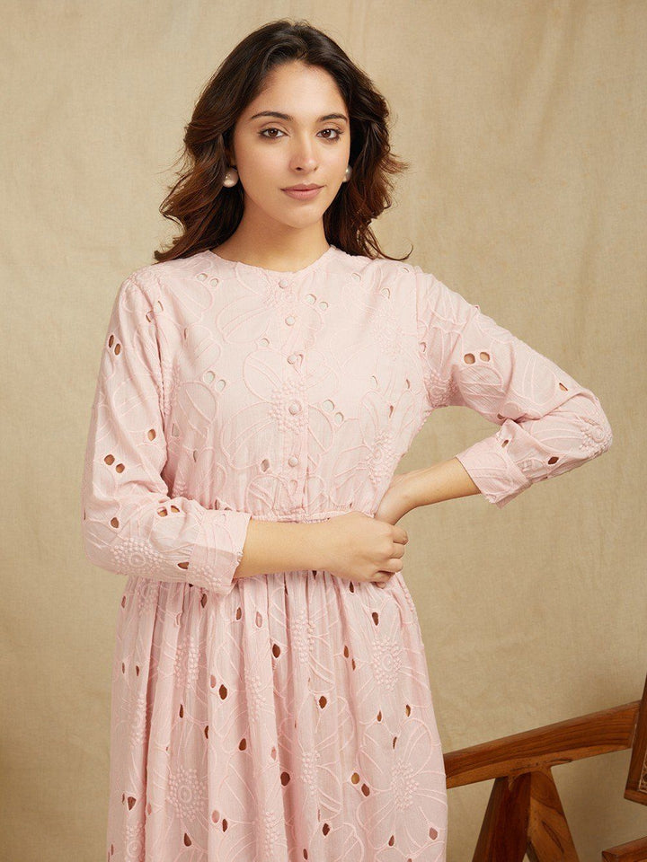 Light Pink 100% Cotton Embroidered Schiffli Shirt Dress