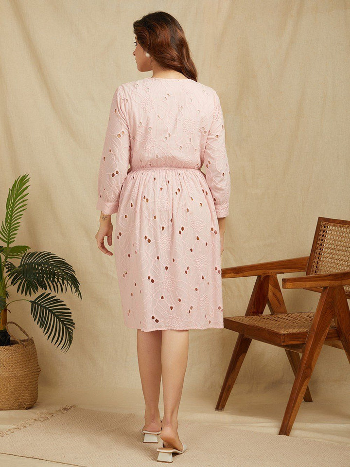 Light Pink 100% Cotton Embroidered Schiffli Shirt Dress
