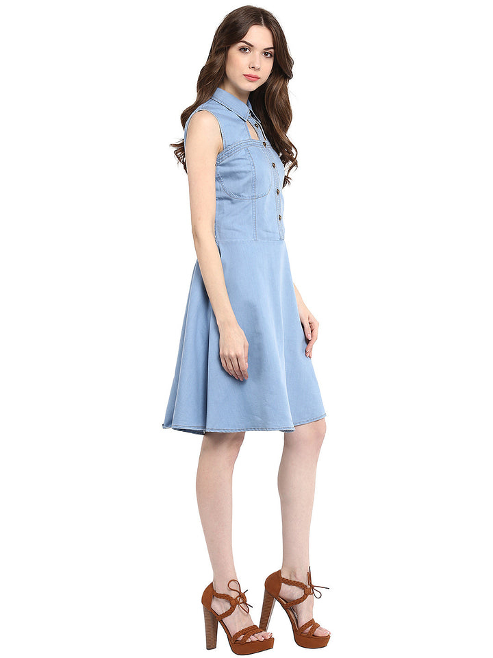 Light-Blue-Denim-Neck-Cutout-Mini-Dress