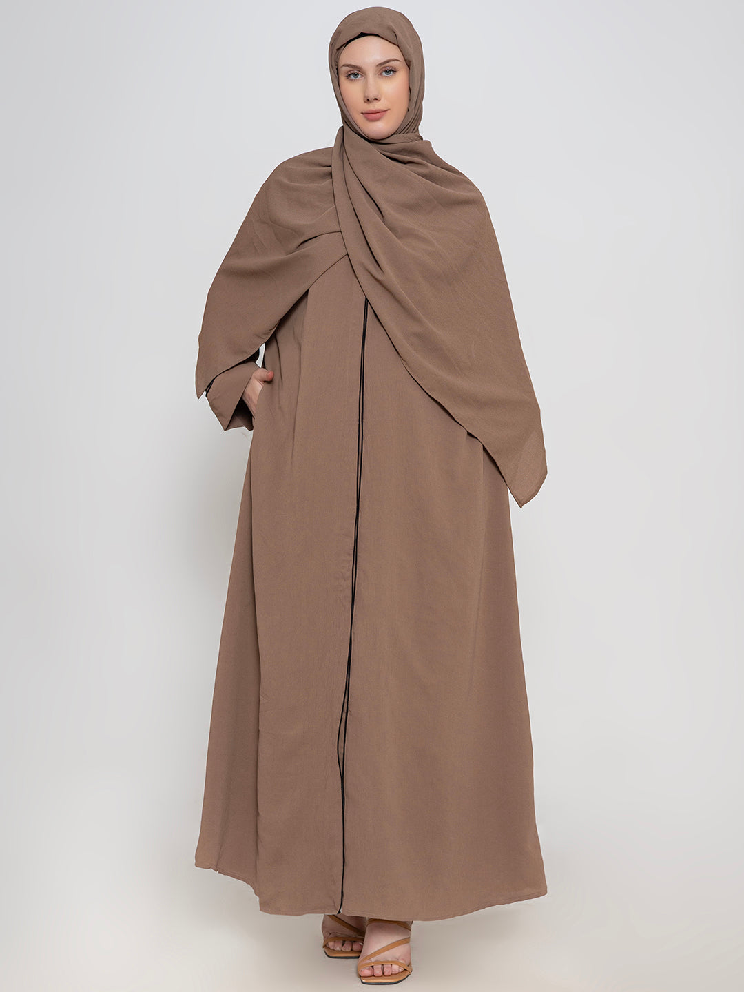 Light-Brown-100%-Polyester-Plain-Abaya-Set