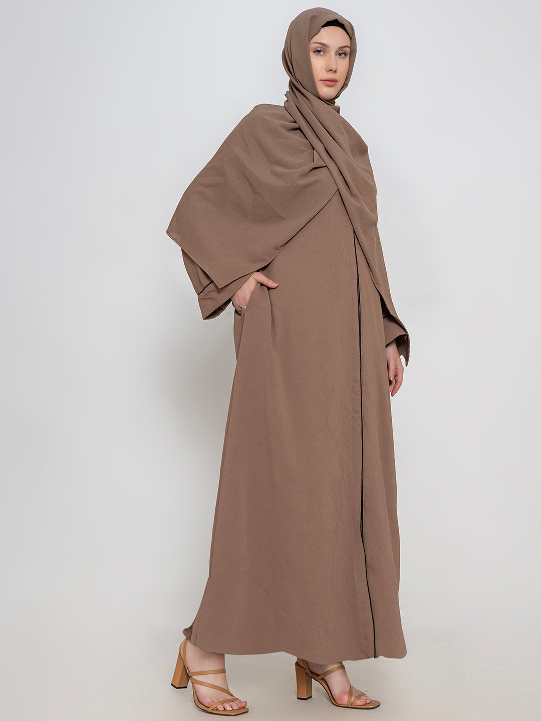 Light-Brown-100%-Polyester-Plain-Abaya-Set