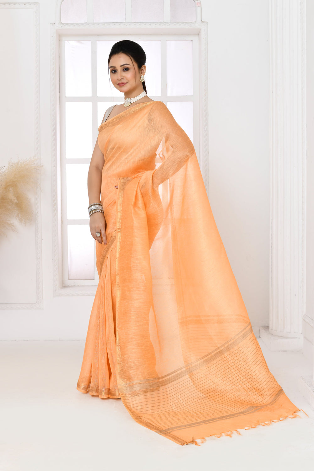 Light-Orange-Tussar-Linen-Handloom-Saree-With-Embroidered-Blouse