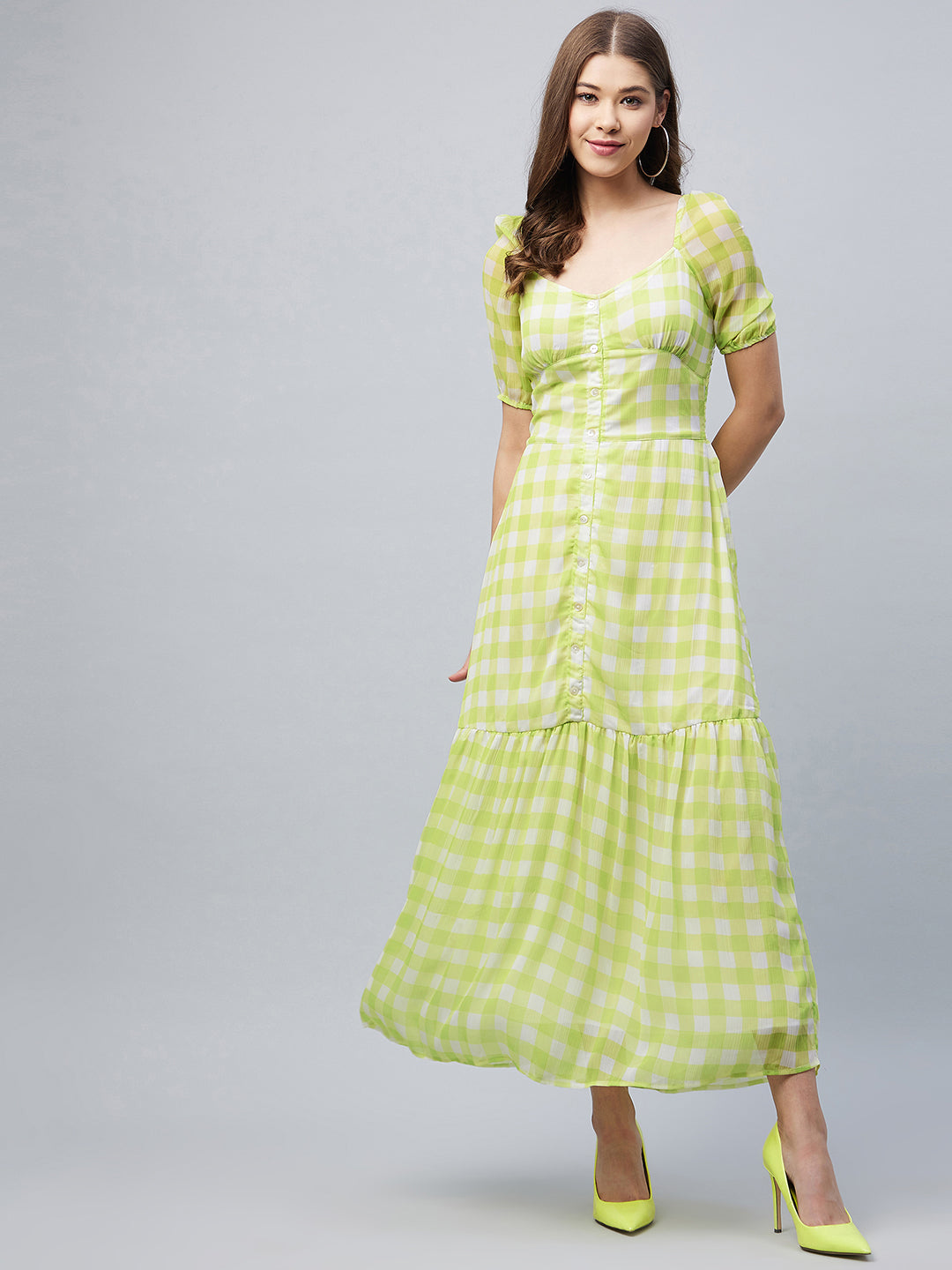 Lime-Green-Poly-Georgette-Checkered-Maxi-Dress