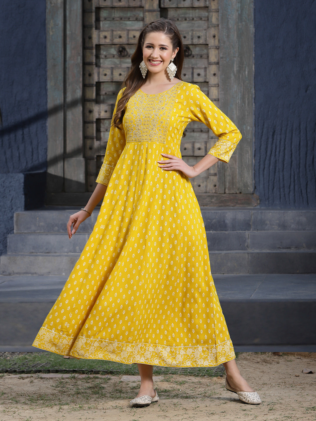 Mustard Rayon Embroidered Long Kurta Only