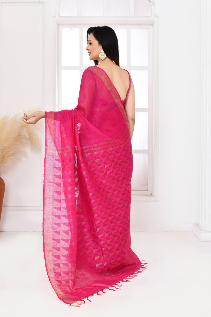 Magenta-Tussar-Linen-Handloom-Saree-With-Woven-Zari-Pallu