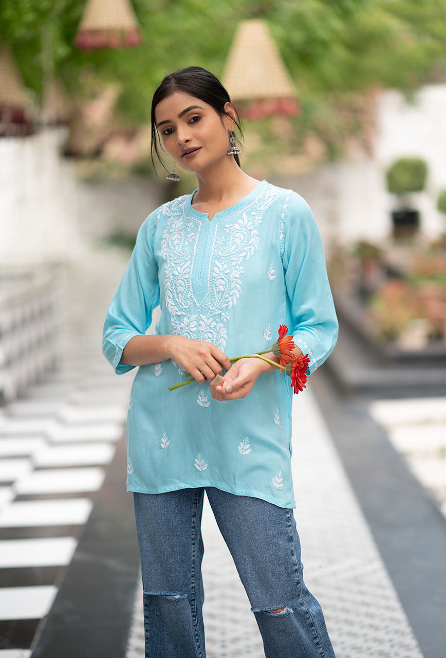 ZERESOUQ-Marigold-Blue-Rayon-Chikankari-Tunic