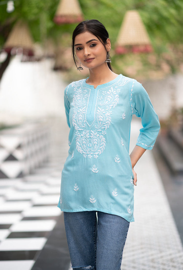 ZERESOUQ-Marigold-Blue-Rayon-Chikankari-Tunic