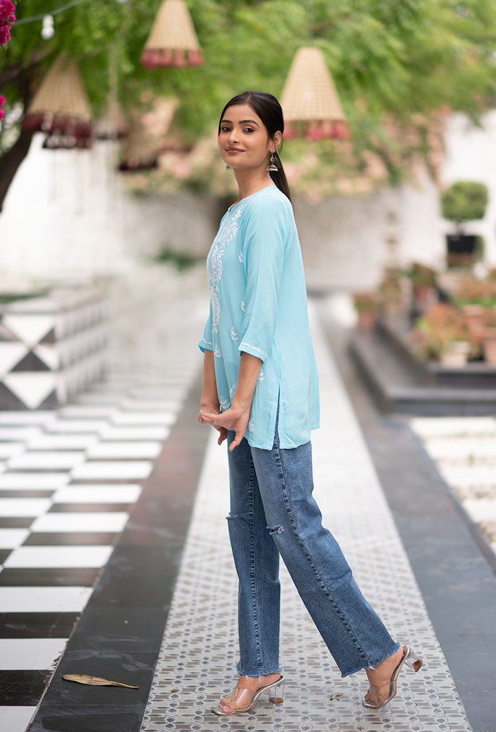 ZERESOUQ-Marigold-Blue-Rayon-Chikankari-Tunic