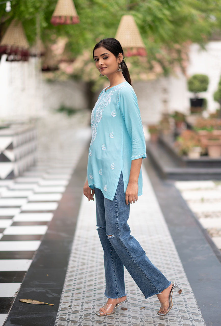 ZERESOUQ-Marigold-Blue-Rayon-Chikankari-Tunic